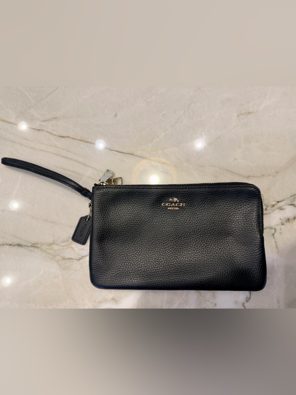 Coach 8” Black Pebbled Leather Dual Zip Wristlet with Gold Hardware